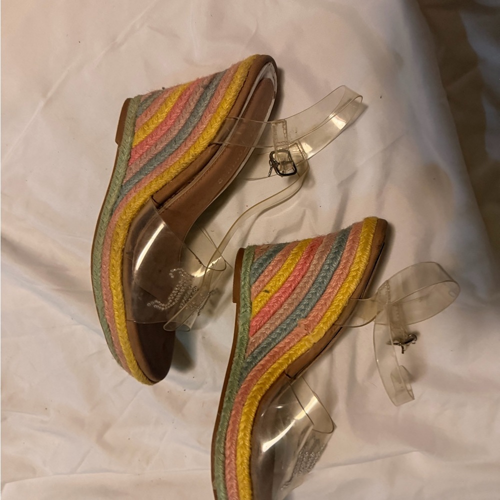 Juicy Couture Clear Strap Espadrille Wedges in Pastel Yellow Pink Blue